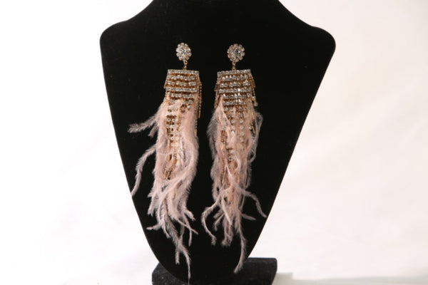 Pink Rhinestone and Feather Earrings