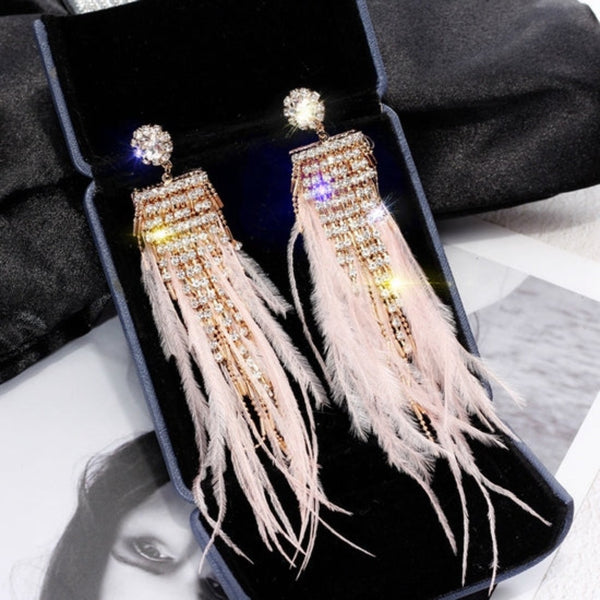 Pink Rhinestone and Feather Earrings