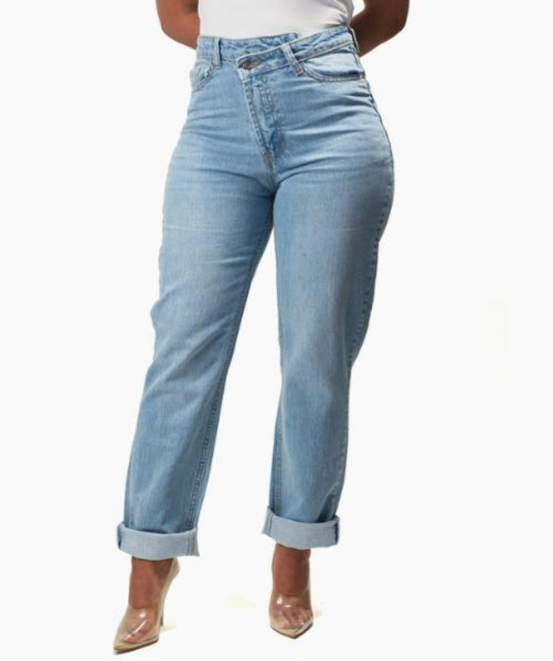 Blue | Criss Cross High-Waisted Straight-Leg Jeans - front