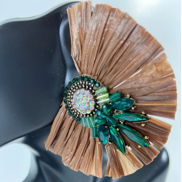 Brown Fringe Earrings w/ Emerald Green Crystals