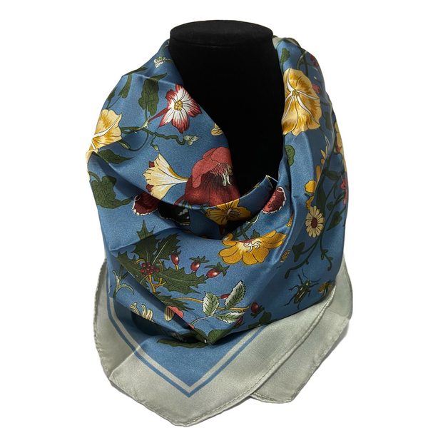 Elegant Blue Tulip Print Satin Scarf