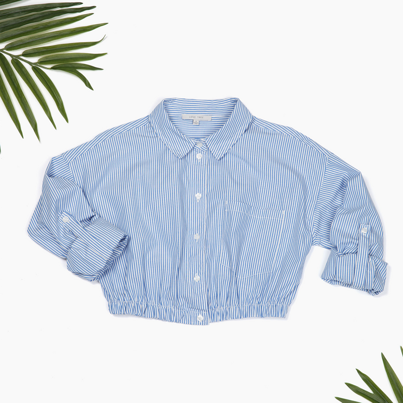 Blue | Pinstriped Cropped Button Up
